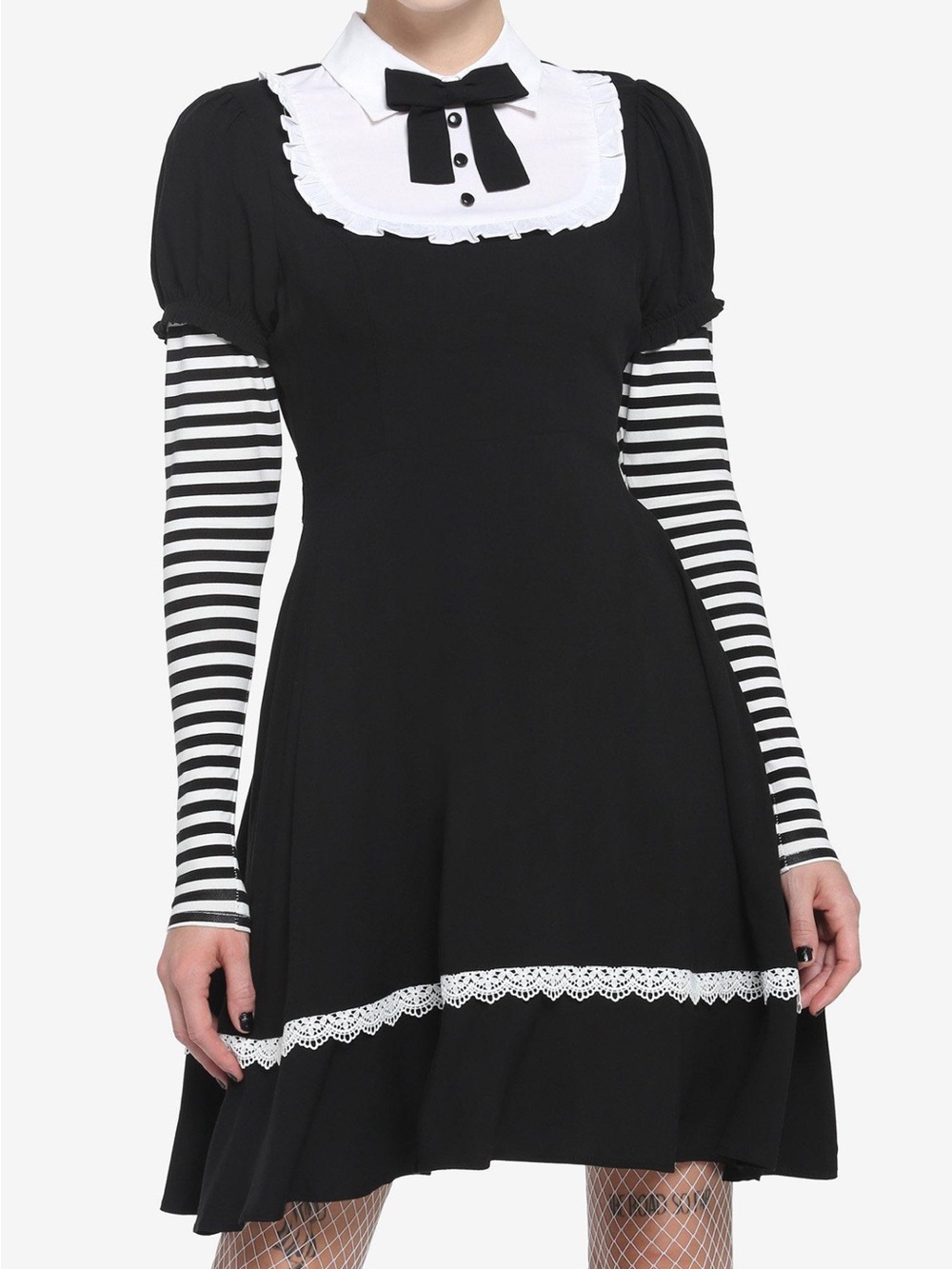 Black and White Contrast Midi Dress with Lace Trim - Picture 2 of 8